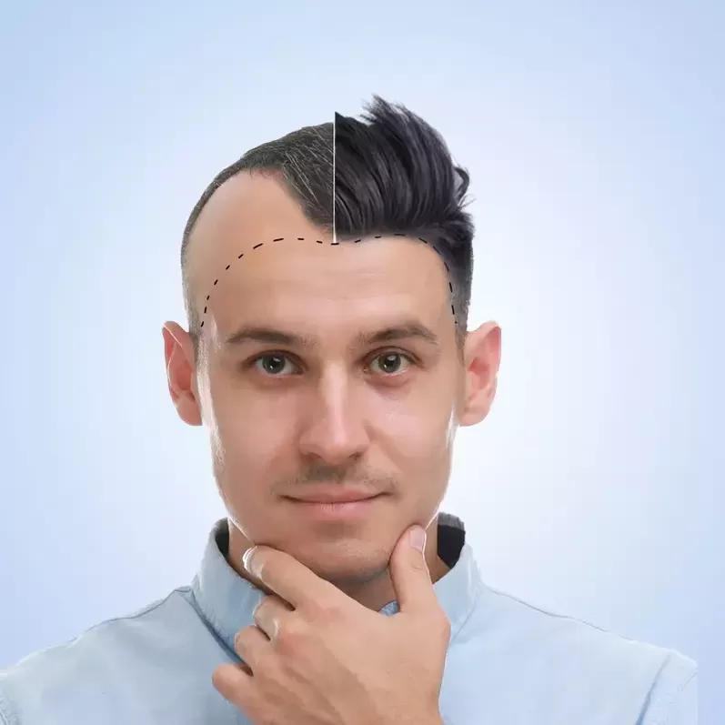 Split comparison of a client's hairline: thinning and receding on one side, restored with full density on the other